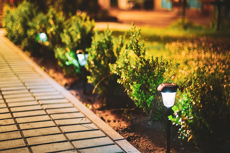 Gepflasterte Wege mit leuchtenden Gartenlichtern säumen nachts eine Reihe üppiger grüner Büsche. Das warme, einladende Ambiente ruft eine friedliche, heitere Atmosphäre hervor.